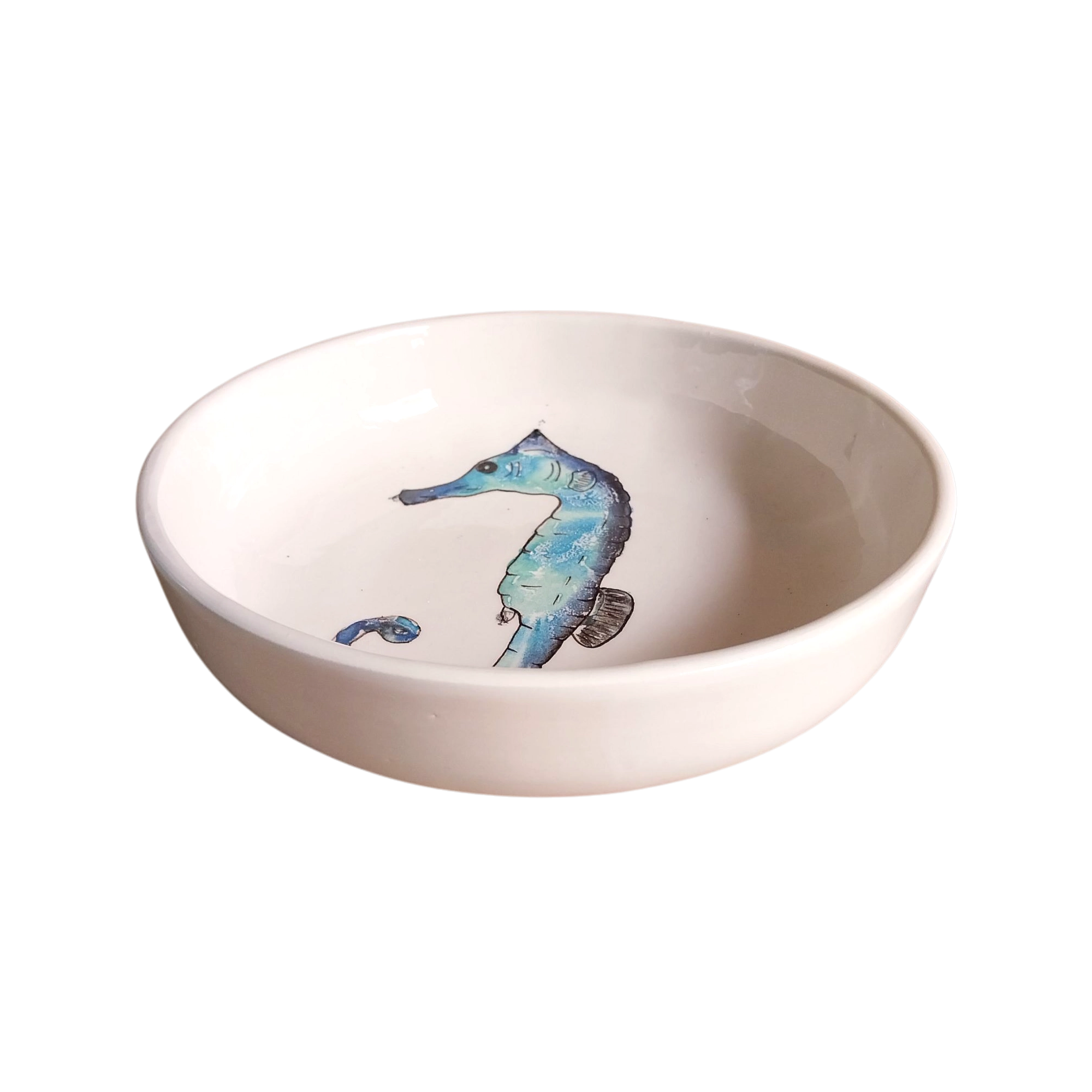 Ceramic Salad Bowl Hand-Painted Blue Seahorse