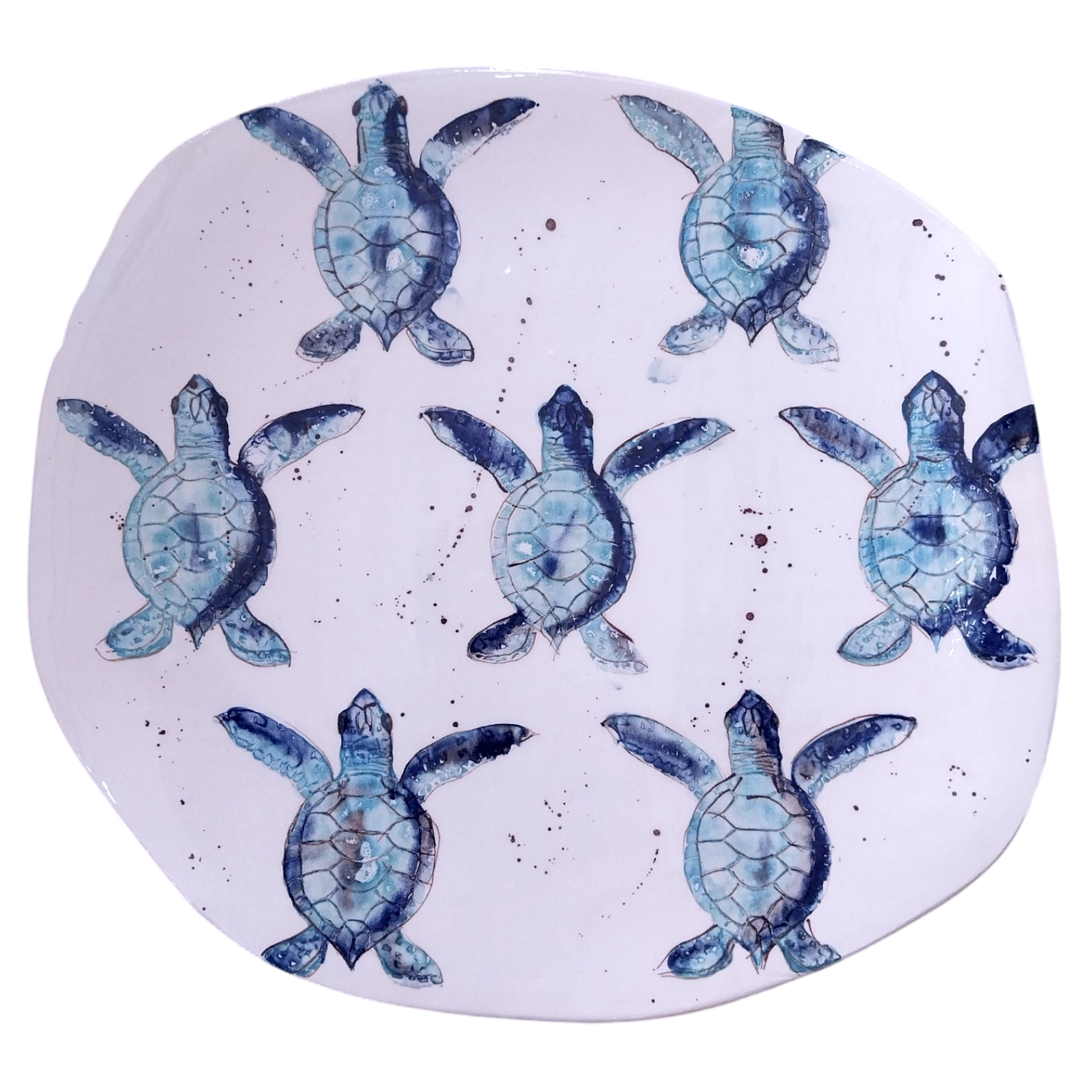 Plato XXL irregular de cerámica con diseño de tortugas marinas azules