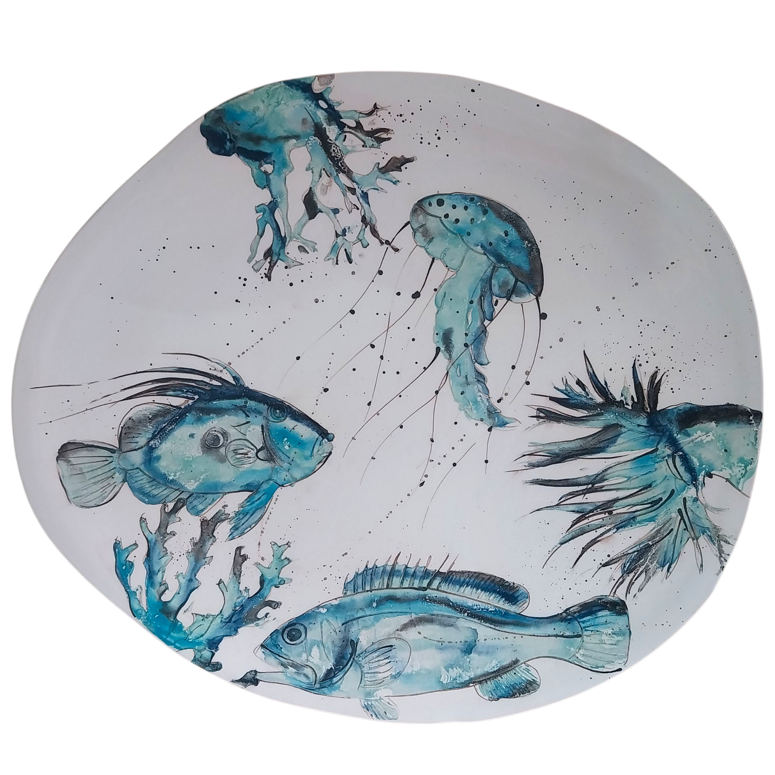 Plato irregular XXL con peces y medusas en tonos azules